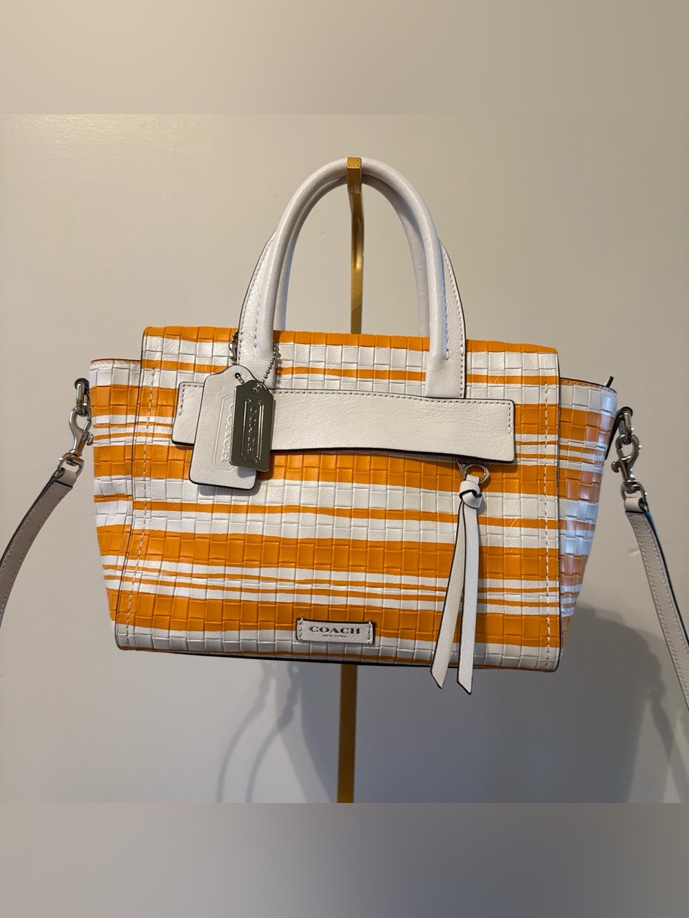 COACH Bleeker Mini Riley Carryall White & Orange Woven Leather